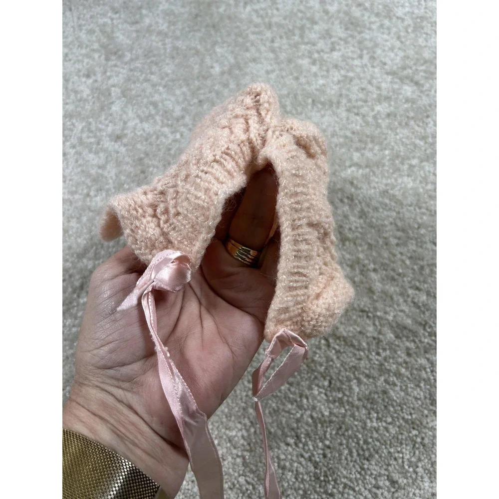 Vintage Hand Knit Baby Bonnet Pink Soft Acrylic Satin Ribbon 90s Girl Infant Hat